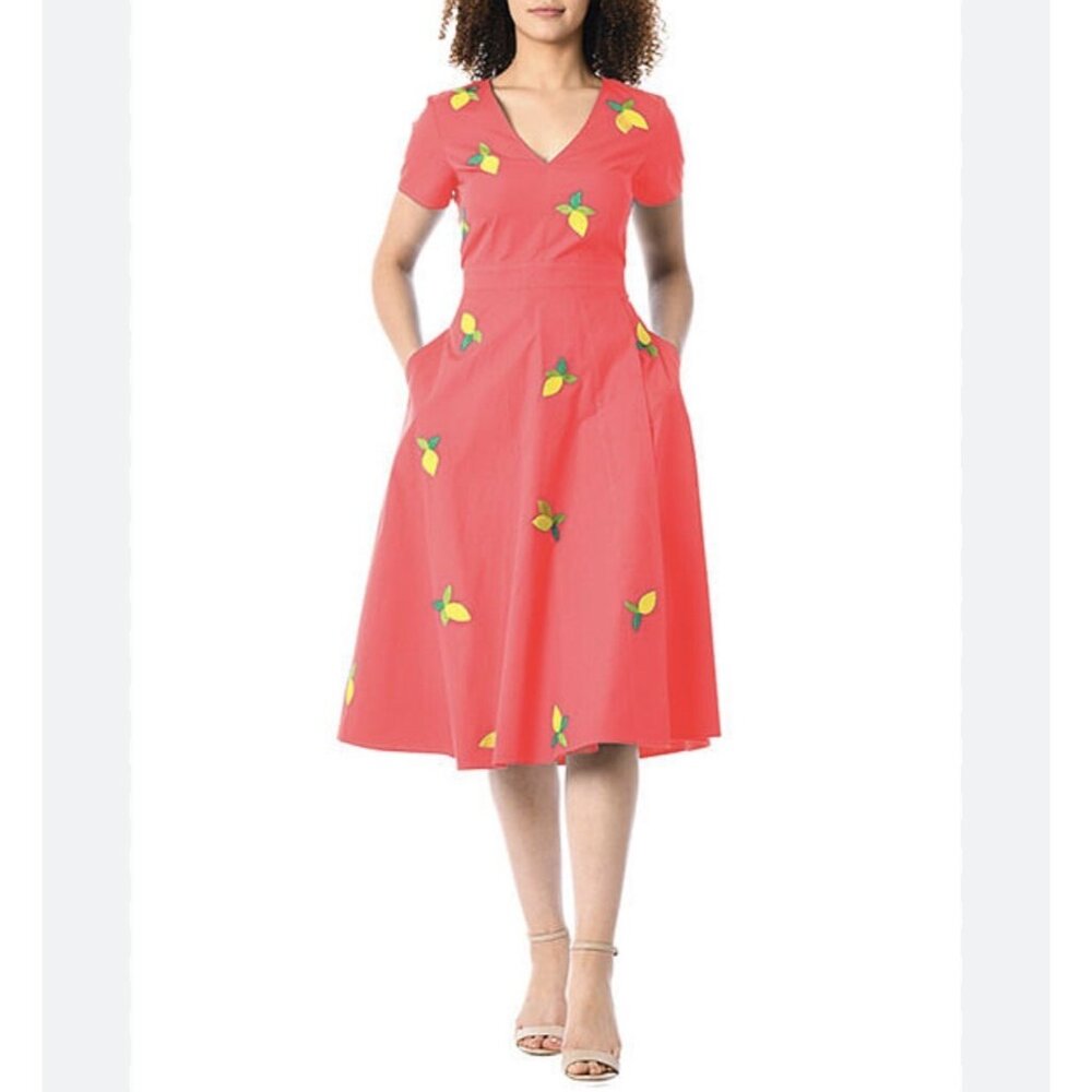 eShakti Size L Dress Lemon Embellished Poplin Dress Coral Pink Fit Flare Cotton